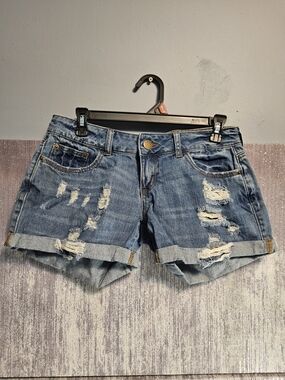 Women's Distressed Denim Rolled Hem Shorts - Blue